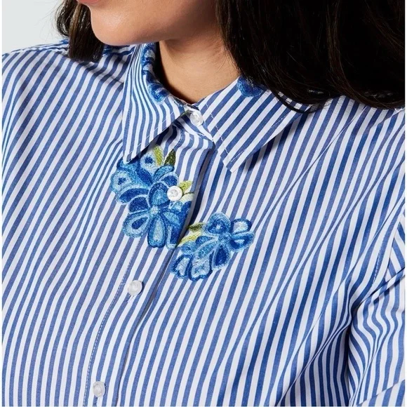 Calvin Klein Floral Embroidered Striped Long Sleeve Button Down Shirt Size Small - Picture 4 of 15